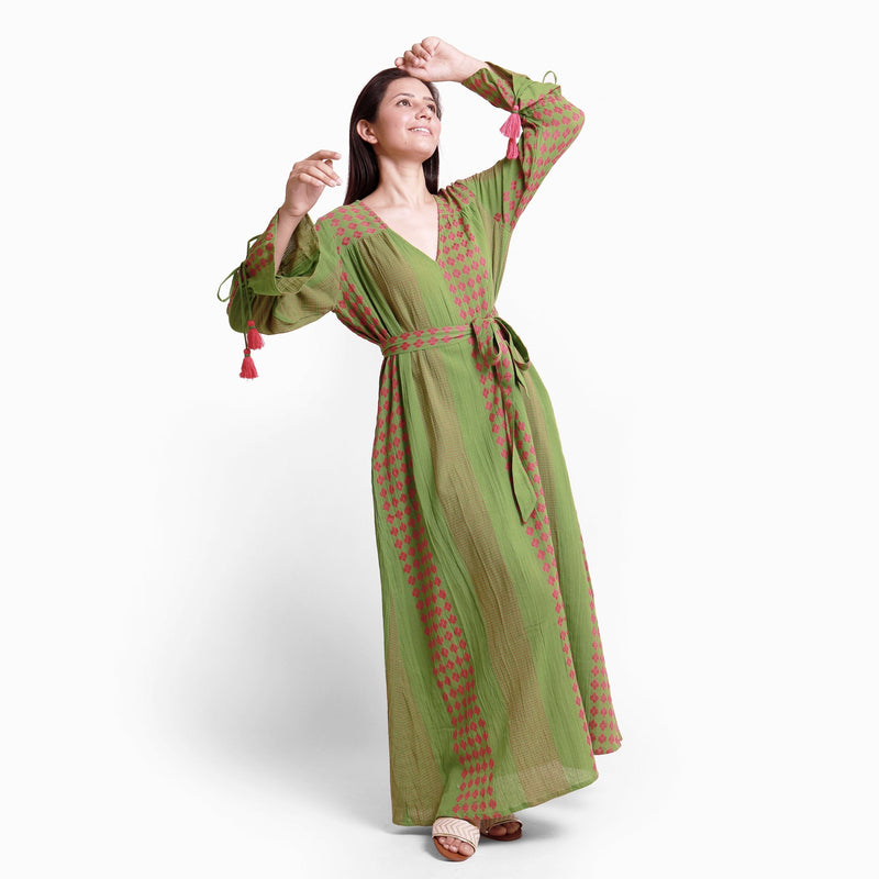 Front View of a Model wearing Green Crinkled Cotton Deep Neck Tent Dress