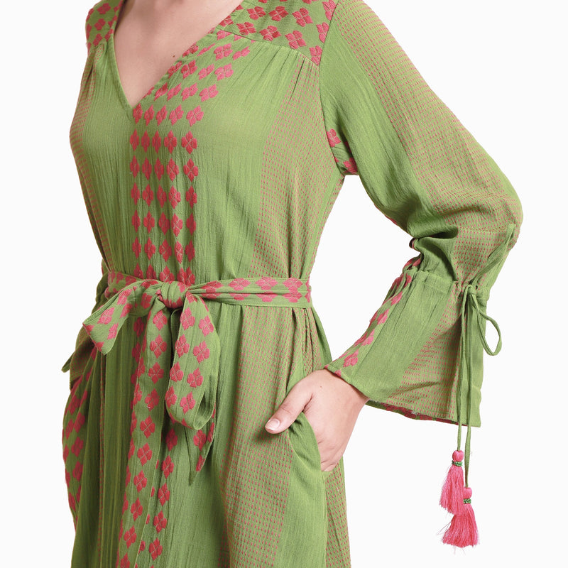 Front Detail of a Model wearing Green Crinkled Cotton Deep Neck Tent Dress