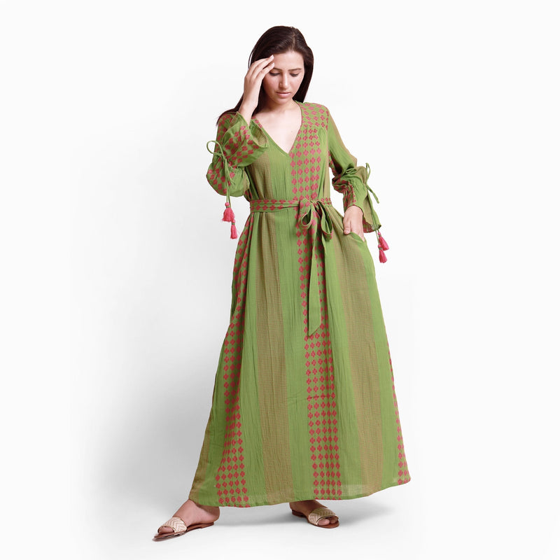 Front View of a Model wearing Green Yarn Dyed Cotton Ankle Length Bohemian Dress