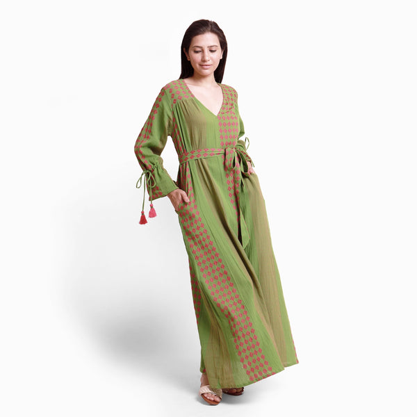 Front View of a Model wearing Green Yarn Dyed Cotton Ankle Length Bohemian Dress