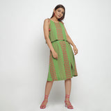 Right View of a Model wearing Green Crinkled Cotton Geometric Knee Length Skirt