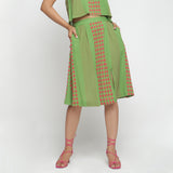 Front View of a Model wearing Green Crinkled Cotton Geometric Knee Length Skirt