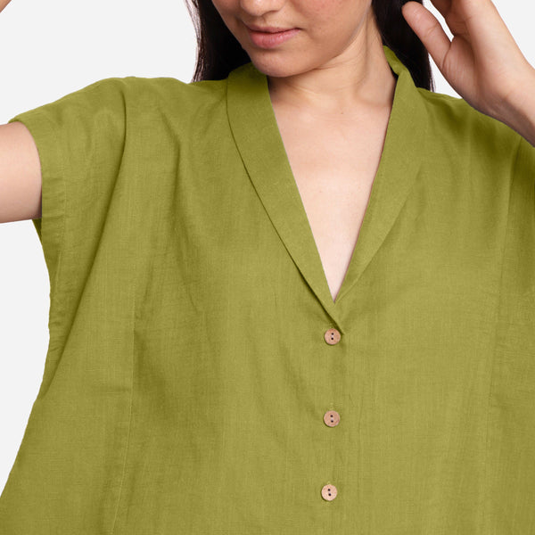 Front Detail of a Model wearing Green Deep Neck Button-Down Cotton Top