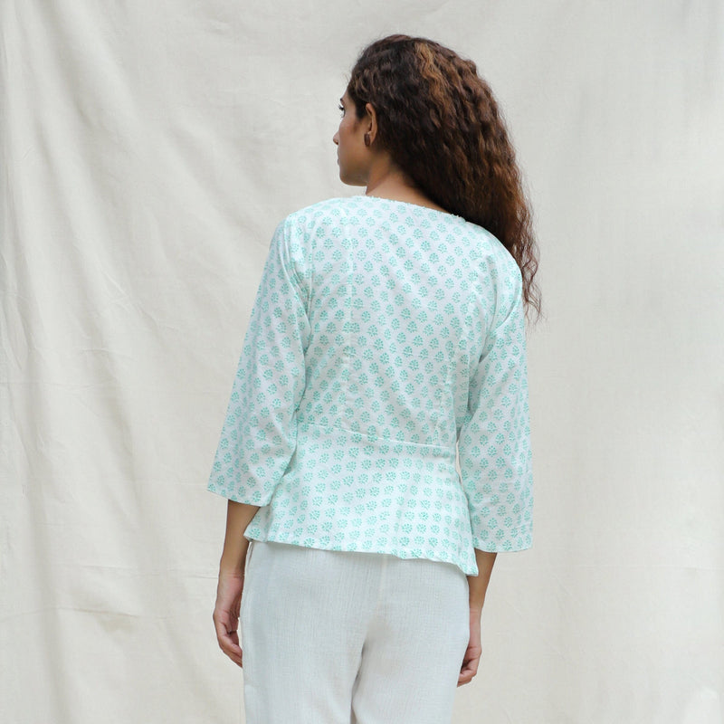 Back View of a Model wearing Green Floral Block Printed Cotton Button-Down Peplum Top