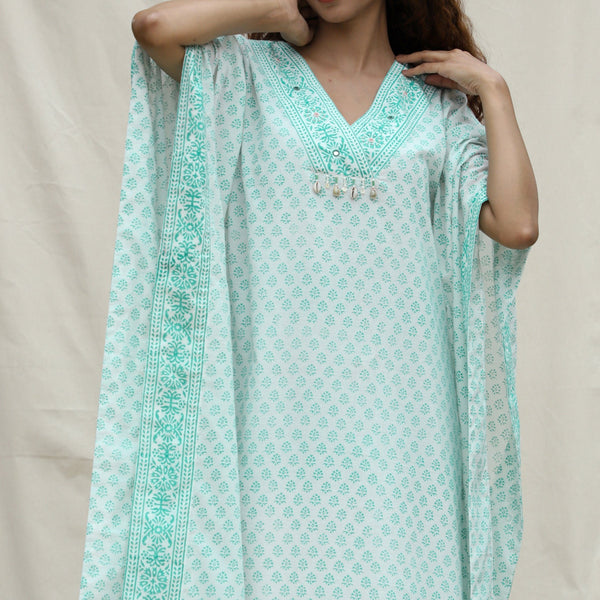 Front Detail of a Model wearing Green Floral Block Printed Cotton Maxi Kaftan Dress