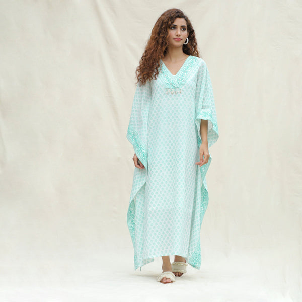Front View of a Model wearing Green Floral Block Printed Cotton Maxi Kaftan Dress