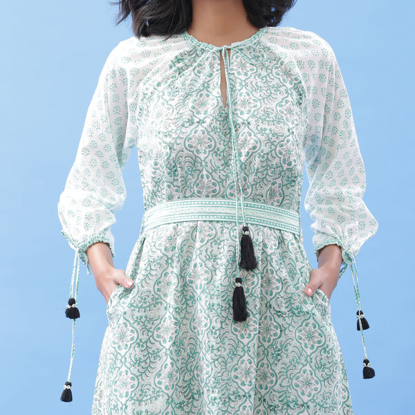 Front Detail of a Model wearing Green Hand Block Printed Peasant Dress