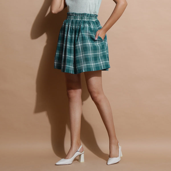 Left View of a Model wearing Green Handspun Paperbag Check Skirt