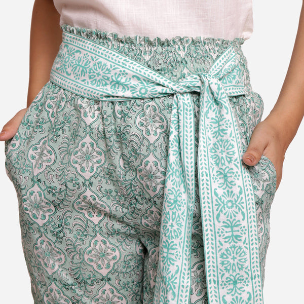 Front Detail of a Model wearing Sanganeri Block Print Mint Green Pant