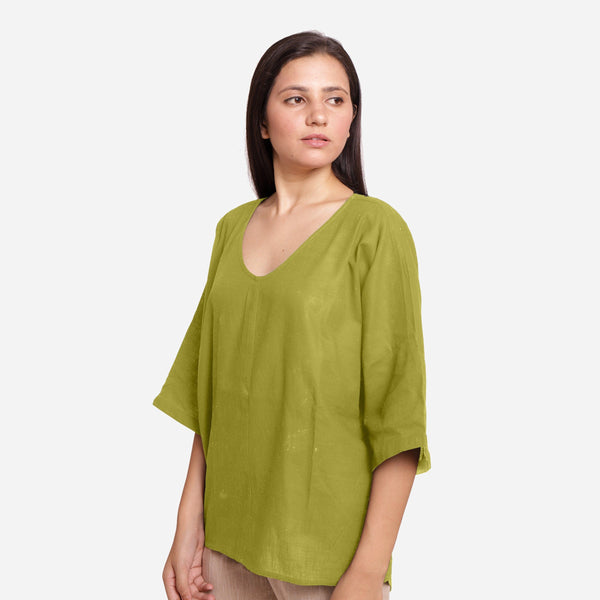 Left View of a Model wearing Green Loose Fit Drop Shoulder Top