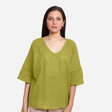 Front View of a Model wearing Green Loose Fit Drop Shoulder Top