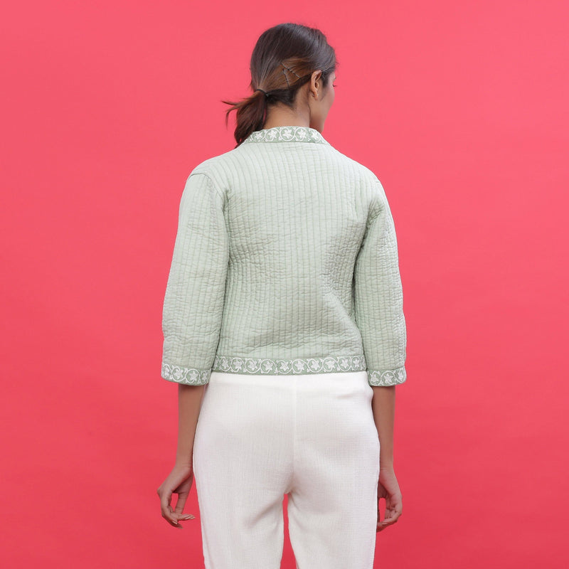 Back View of a Model wearing Green Reversible Block Print Cotton Short Shrug