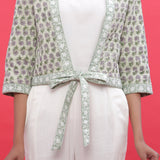 Front Detail of a Model wearing Green Reversible Quilted Cotton Shrug