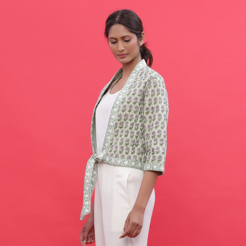Left View of a Model wearing Green Reversible Quilted Cotton Shrug