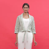 Front View of a Model wearing Green Reversible Block Print Cotton Short Shrug