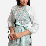 Front Detail of a Model wearing Green Block Print Cotton Peasant Midi Dress