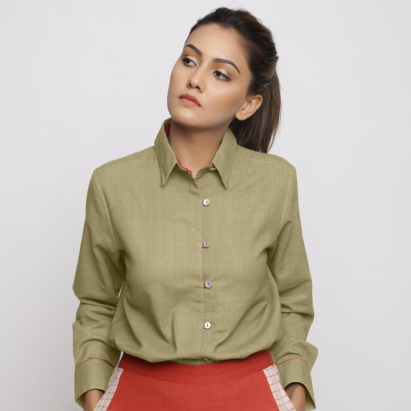 Front View of a Model wearing Green Vegetable Dyed 100% Cotton Button-Down Shirt