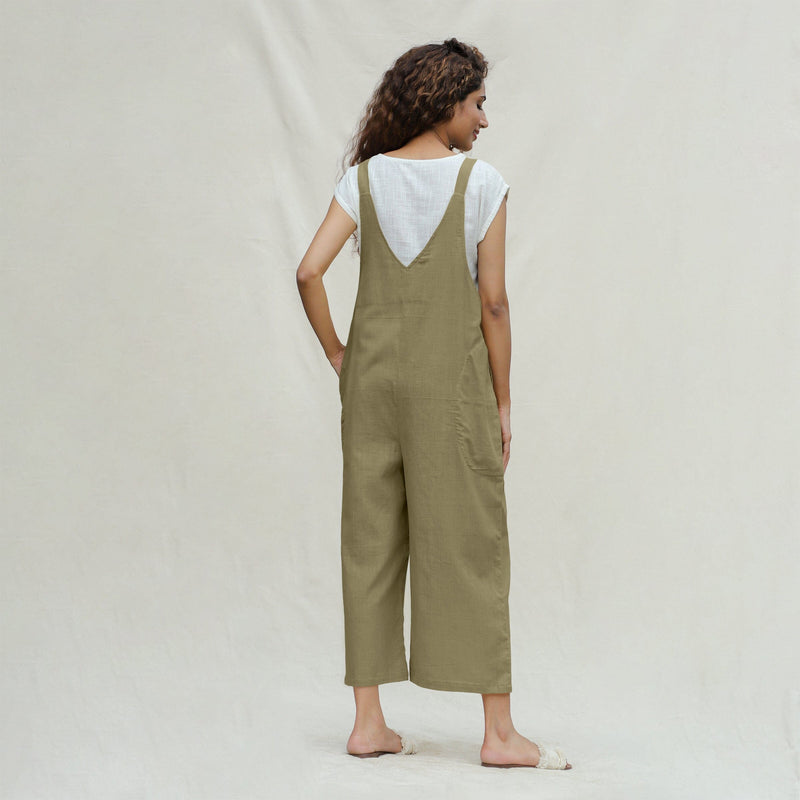 Green Vegetable Dyed Cotton Midi Dungaree Jumpsuit