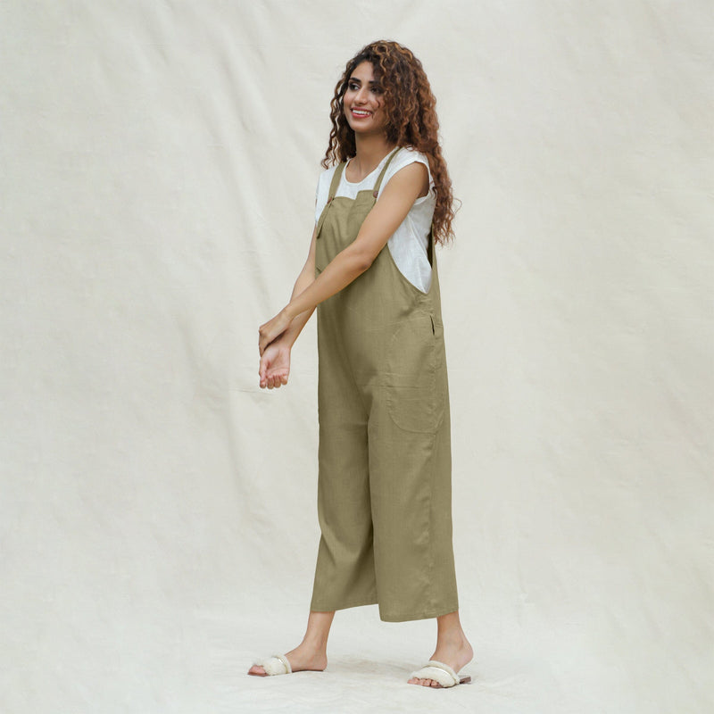 Green Vegetable Dyed Cotton Midi Dungaree Jumpsuit