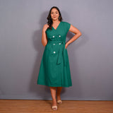 Green Warm Cotton Flannel Button-Down A-Line Midi Dress