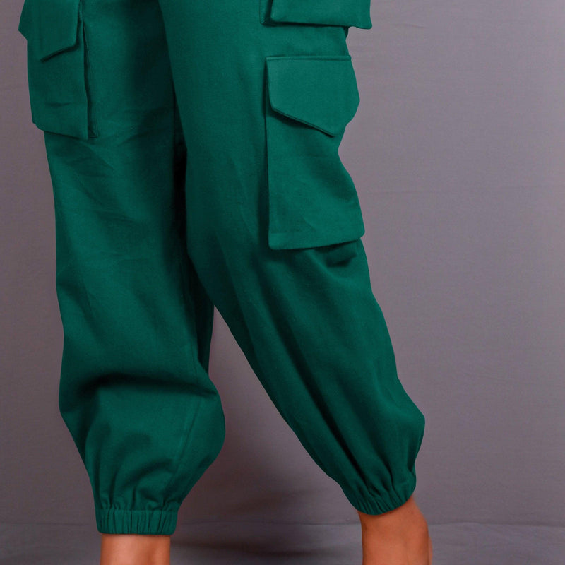 Green Warm Cotton Flannel Elasticated Cargo Jogger Pant