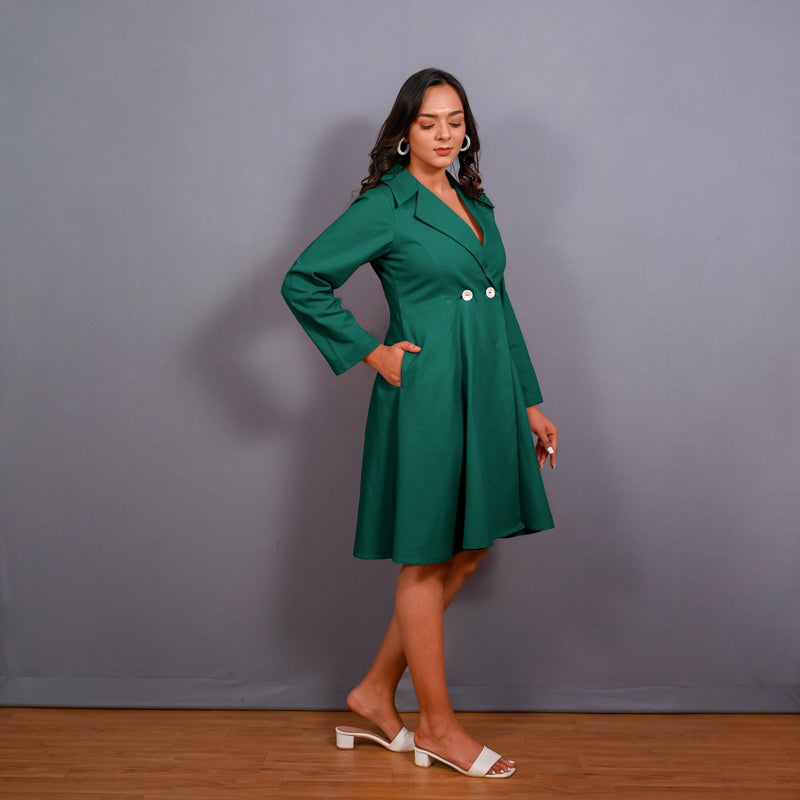 Green Warm Cotton Flannel Fit and Flare Knee Length Blazer Dress