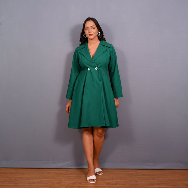 Green Warm Cotton Flannel Fit and Flare Knee Length Blazer Dress