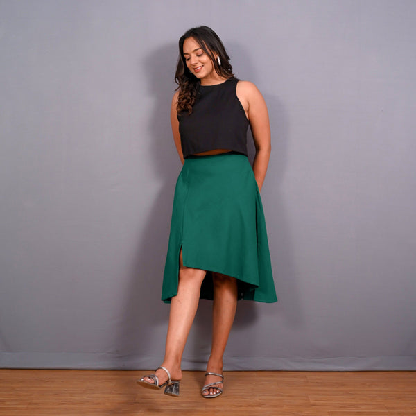 Green Warm Cotton Flannel High-Rise Front Slit Asymmetric Skirt