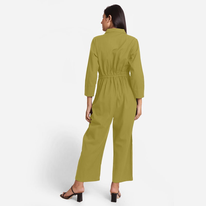 Back View of a Model wearing Green Wide Legged Cotton Overall