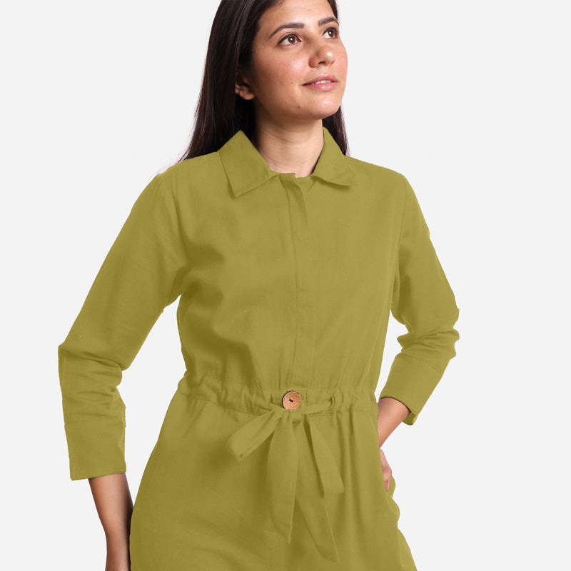 Front Detail of a Model wearing Green Wide Legged Cotton Overall