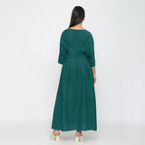 Green Yarn Dyed Cotton Ankle Length Pleated Flared Dress