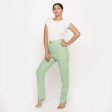 Front View of a Model wearing Green Yarn Dyed Mid Rise Tapered Pant