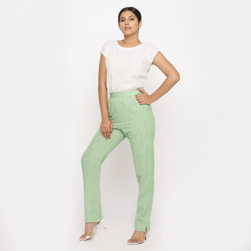 Front View of a Model wearing Green Yarn Dyed Mid Rise Tapered Pant