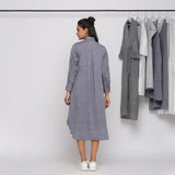 Back View of a Model wearing Grey Button Down Flat Collar Dress
