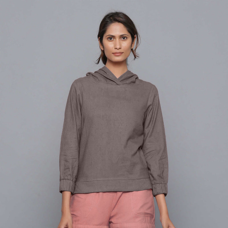 Front View of a Model wearing Grey Cotton Flannel Straight Hoodie Top