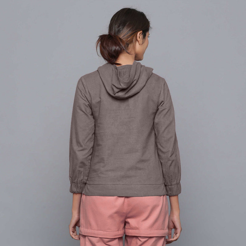 Back View of a Model wearing Grey Cotton Flannel Straight Hoodie Top