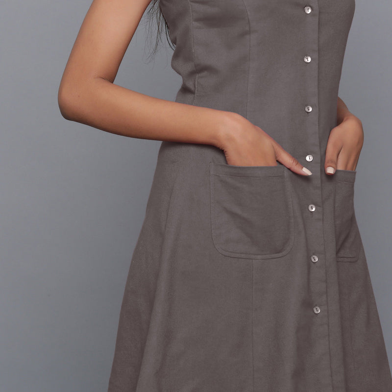 Front Detail of a Model wearing Grey Flannel Button-Down Dress