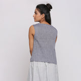 Back View of a Model wearing Grey Split Neck Button Down Top