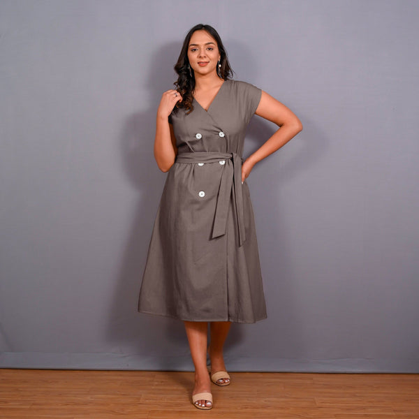 Grey Warm Cotton Flannel Button-Down A-Line Midi Dress