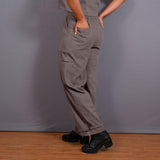 Grey Warm Cotton Flannel High-Rise  Convertible Jogger Cargo Pant