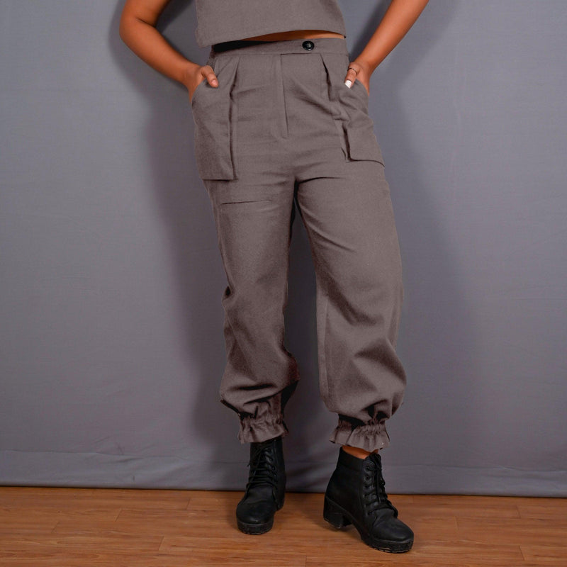 Grey Warm Cotton Flannel High-Rise  Convertible Jogger Cargo Pant