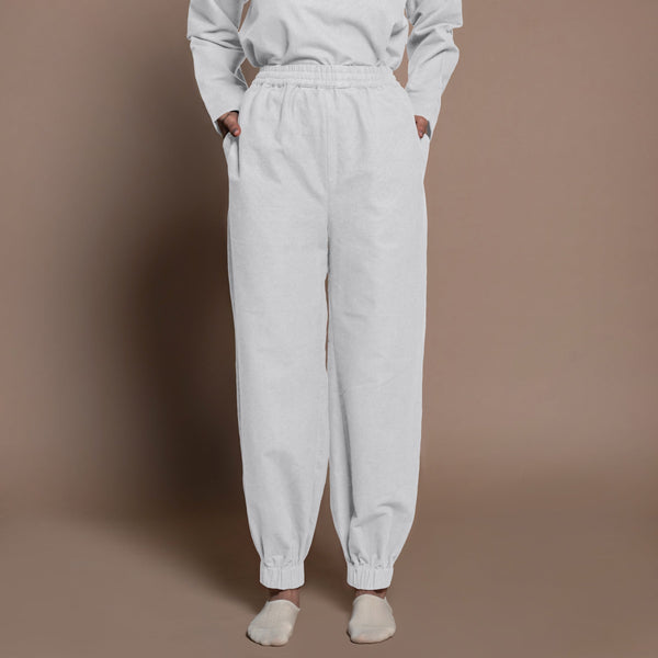 Front View of a Model wearing Grey Warm Cotton Flannel Elasticated High-Rise Jogger Pant