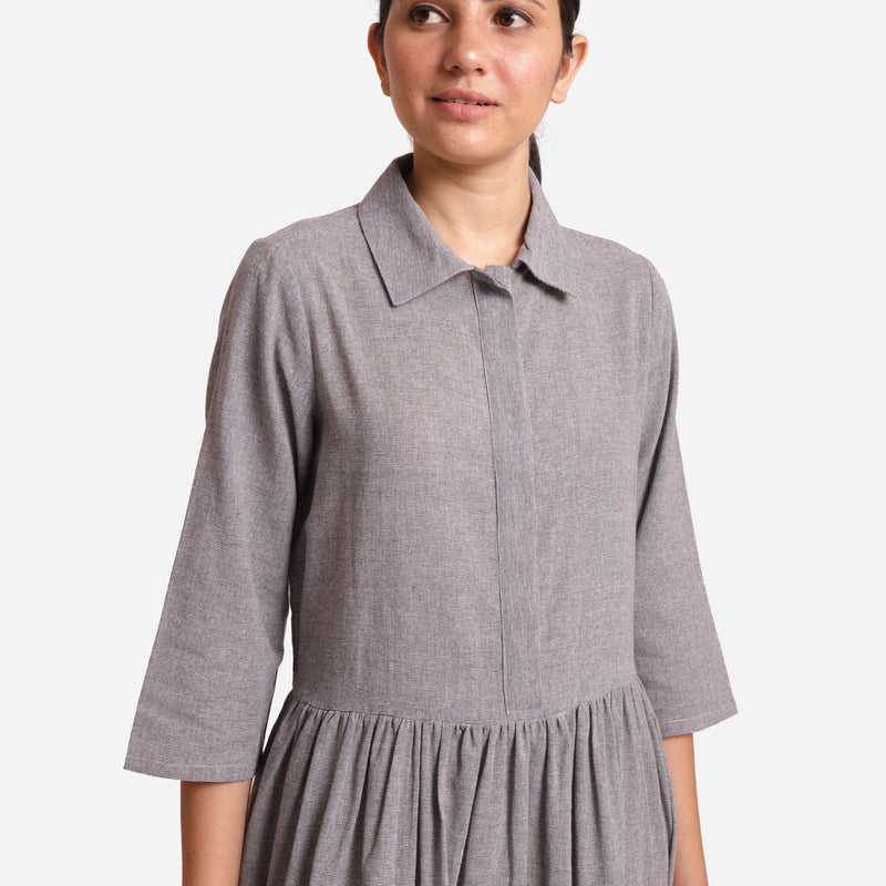 Front Detail of a Model wearing Grey Flat Collar Cotton Gathered Midi Dress