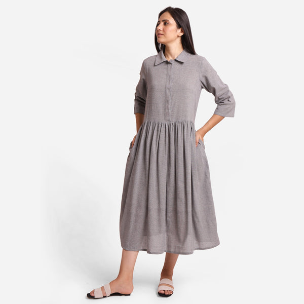 Front View of a Model wearing Grey Flat Collar Cotton Gathered Midi Dress