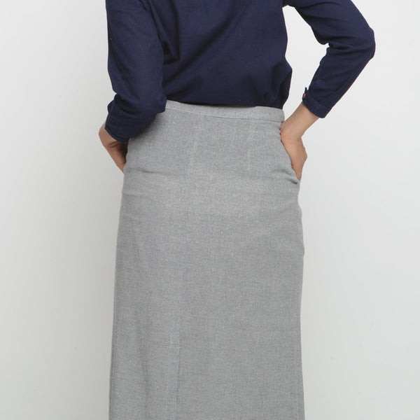 Back View of a Model wearing Grey Yarn Dyed Cotton Straight Skirt