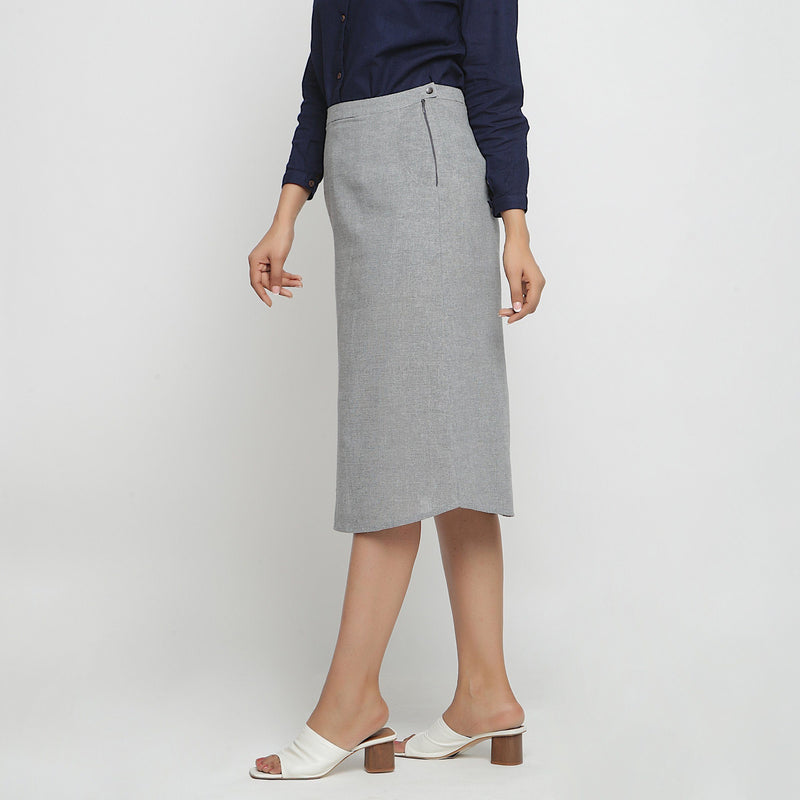 Left View of a Model wearing Grey Yarn Dyed Cotton Straight Skirt