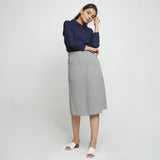 Front View of a Model wearing Grey Yarn Dyed Cotton Straight Skirt