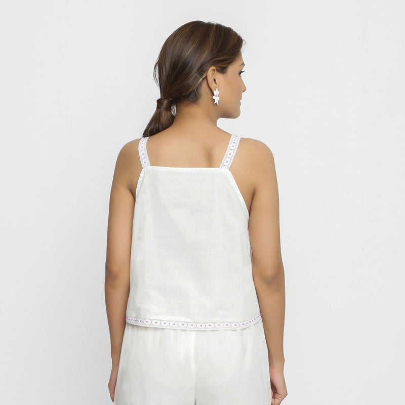 Back View of a Model wearing Hand Beaded Organic Cotton Camisole Top