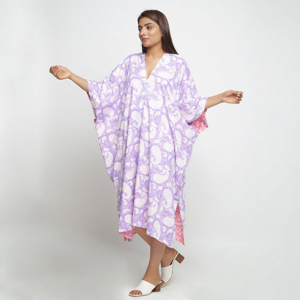Front View of a Model wearing Reversible Mid Calf Length Cotton Kaftan