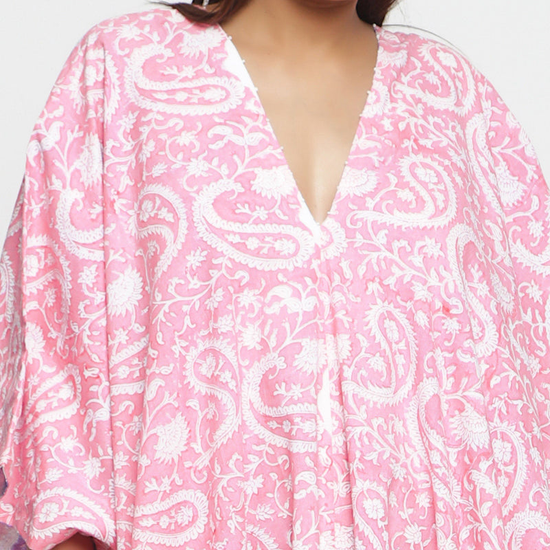 Front Detail of a Model wearing Reversible Mid Calf Length Cotton Kaftan
